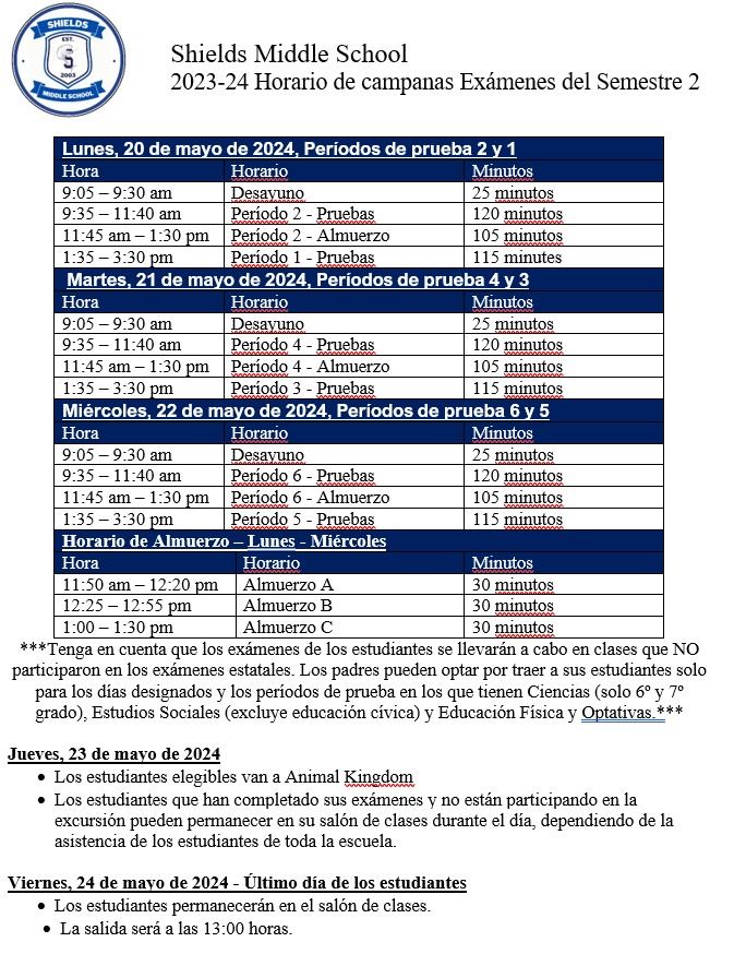 Horario de campanas Exámenes del Semestre 2